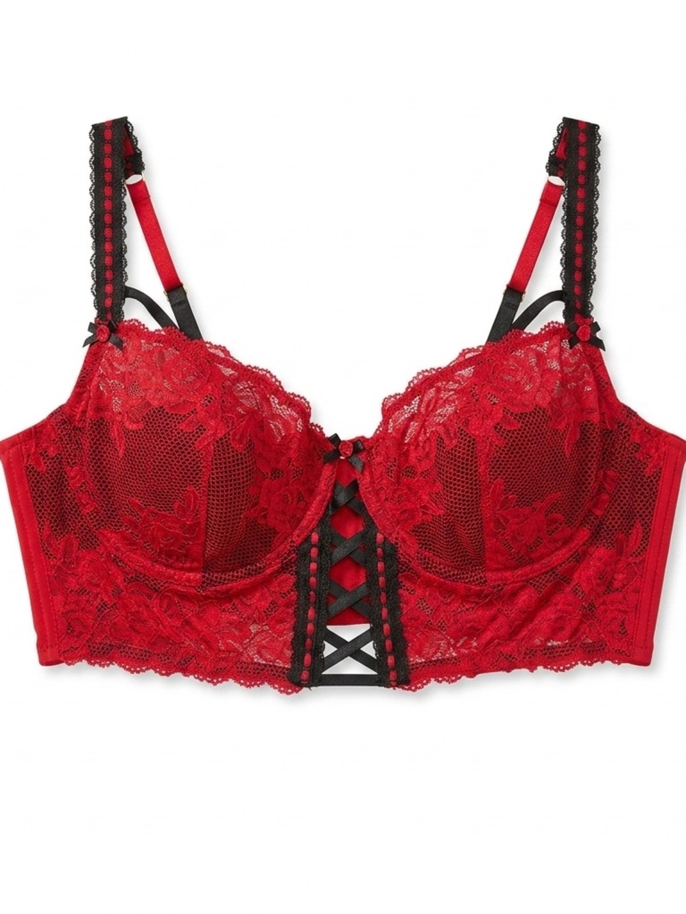 Cacique 44C Red Lace Longline Bra with Black Trim Underwire Adjustable Straps
